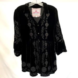 Johnny Was Black Velvet Rose Button Down Top